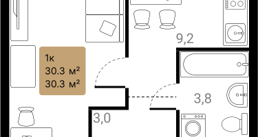 1-к. квартира, 30&nbsp;м²