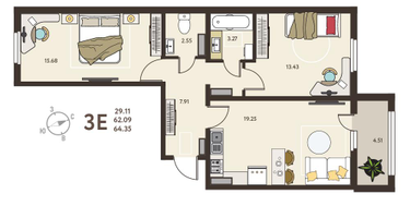 2-к. квартира, 64&nbsp;м²