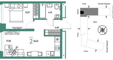2-к. квартира, 36 м²