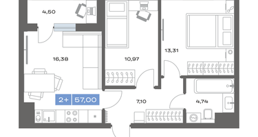 2-к. квартира, 57&nbsp;м²