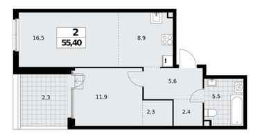 2-к. квартира, 55&nbsp;м²