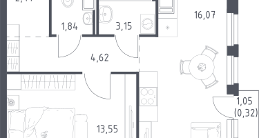1-к. квартира, 42&nbsp;м²