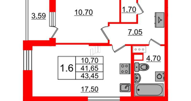 1-к. квартира, 41 м²