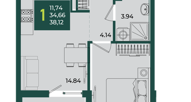 1-к. квартира, 38&nbsp;м²