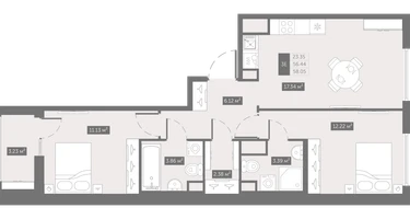 2-к. квартира, 58&nbsp;м²