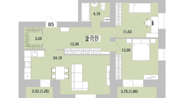 2-к. квартира, 76&nbsp;м²