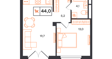 1-к. квартира, 44&nbsp;м²