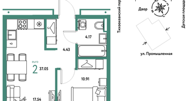 2-к. квартира, 37&nbsp;м²