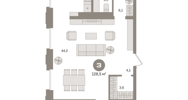 3-к. квартира, 128&nbsp;м²