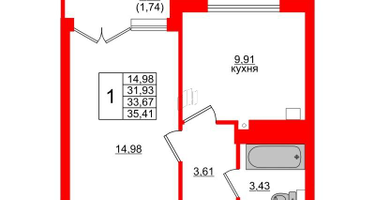 1-к. квартира, 33&nbsp;м²