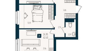 2-к. квартира, 62 м²