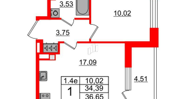 1-к. квартира, 34&nbsp;м²