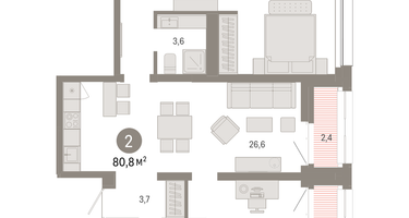 2-к. квартира, 80 м²