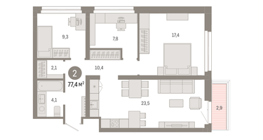 2-к. квартира, 77 м²