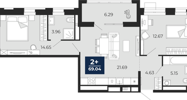 2-к. квартира, 62&nbsp;м²