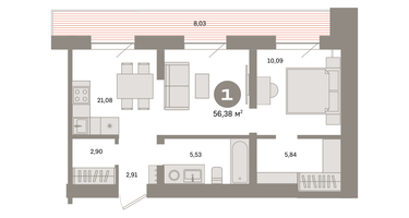 1-к. квартира, 56&nbsp;м²