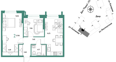 2-к. квартира, 57 м²