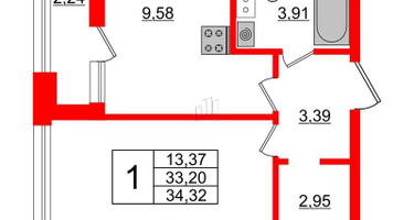 1-к. квартира, 34&nbsp;м²