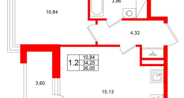 1-к. квартира, 34&nbsp;м²