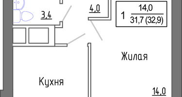 1-комнатная квартира, 31&nbsp;м²