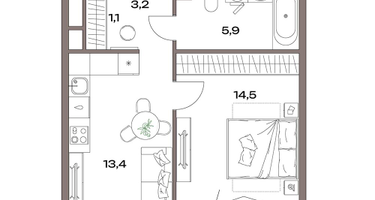 1-к. квартира, 42&nbsp;м²