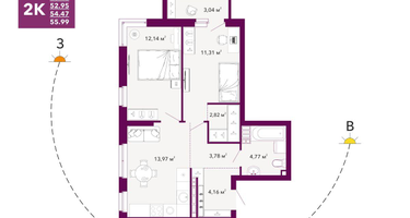 2-к. квартира, 54 м²