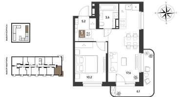 1-к. квартира, 42&nbsp;м²