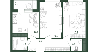 2-к. квартира, 54 м²
