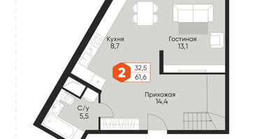 2-к. квартира, 61&nbsp;м²