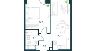 1-к. квартира, 40&nbsp;м²