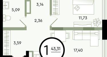 1-к. квартира, 43&nbsp;м²