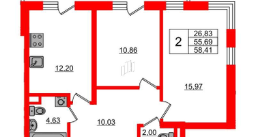 2-к. квартира, 58&nbsp;м²