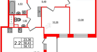 2-к. квартира, 56&nbsp;м²
