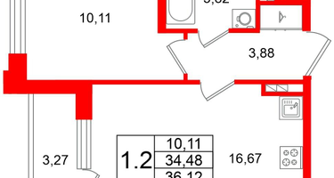 1-к. квартира, 34&nbsp;м²