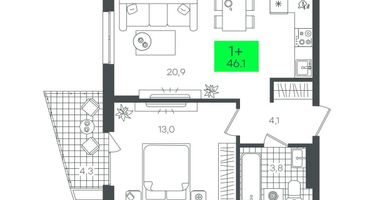 1-к. квартира, 46&nbsp;м²