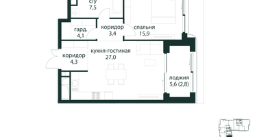 1-к. квартира, 65 м²