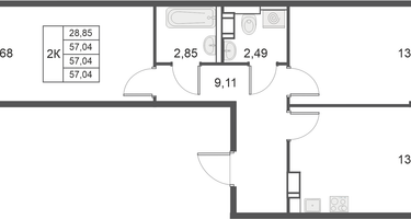 2-к. квартира, 57&nbsp;м²