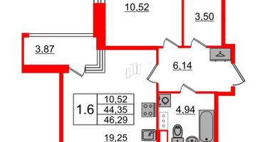 1-к. квартира, 44 м²