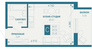 Студия, 33 м²