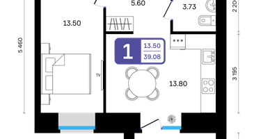 1-к. квартира, 39&nbsp;м²