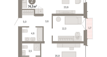 2-к. квартира, 74&nbsp;м²