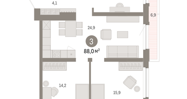 3-к. квартира, 88&nbsp;м²