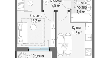 1-к. квартира, 34&nbsp;м²