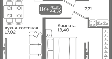 1-к. квартира, 41&nbsp;м²
