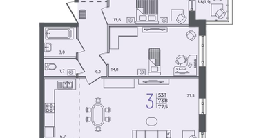 2-к. квартира, 77&nbsp;м²