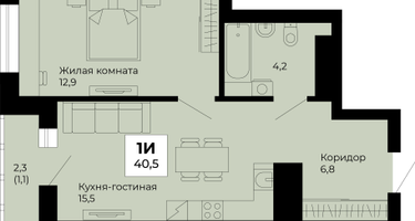 1-к. квартира, 40&nbsp;м²