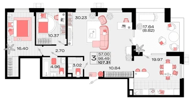 3-к. квартира, 98&nbsp;м²