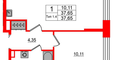 1-к. квартира, 37 м²
