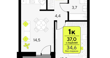 1-к. квартира, 37 м²