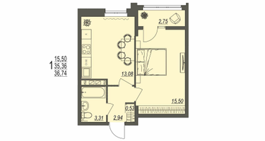 1-к. квартира, 36 м²